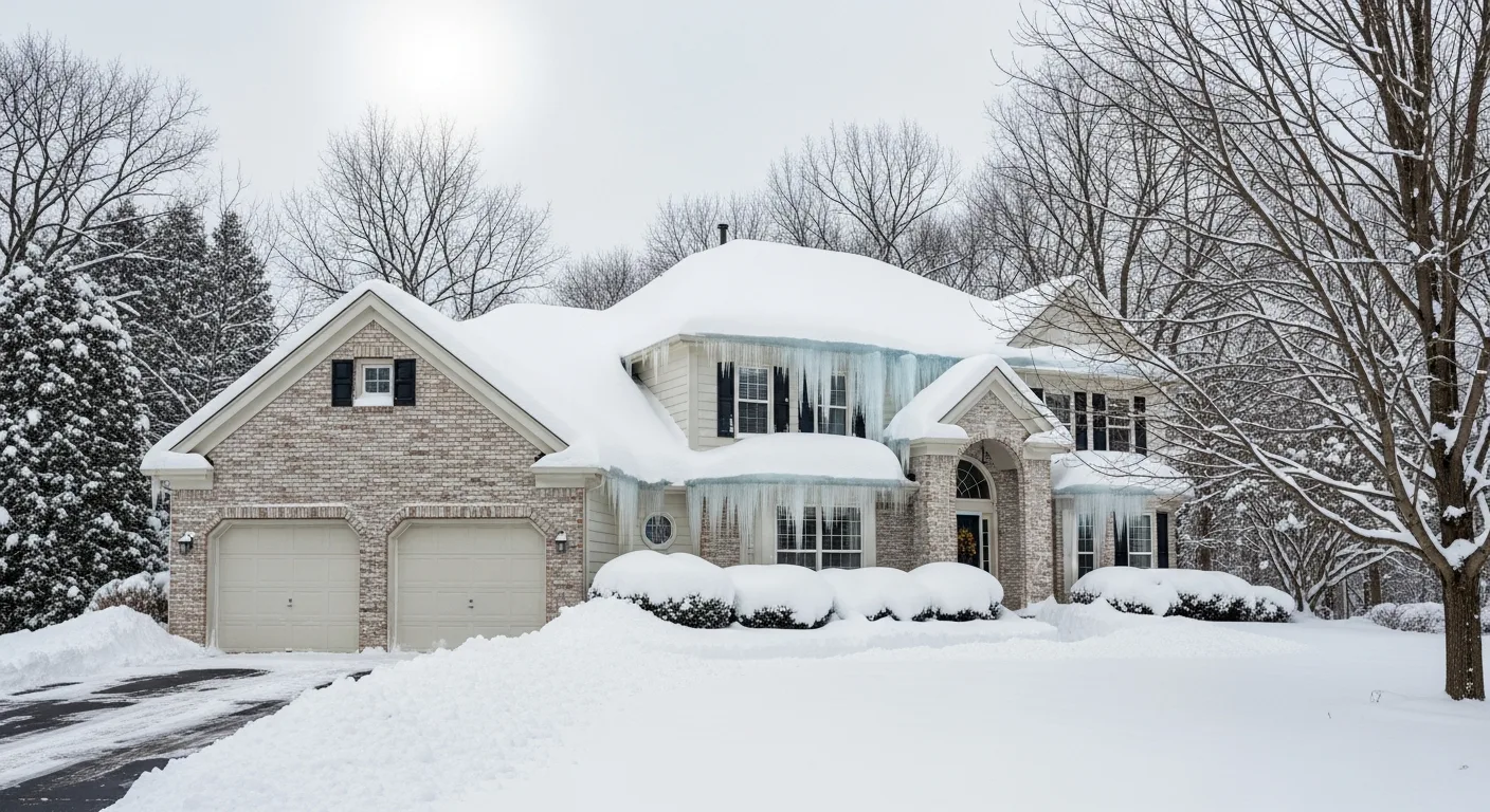 Ice and snow damage on a Woodbridge VA residential roof — shingle and flashing repair