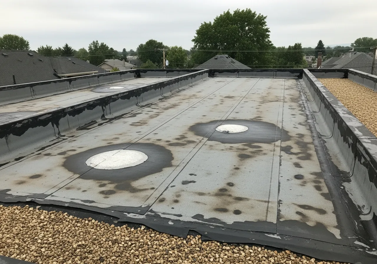 Deteriorated EPDM flat roof garage addition Dale City VA before replacement