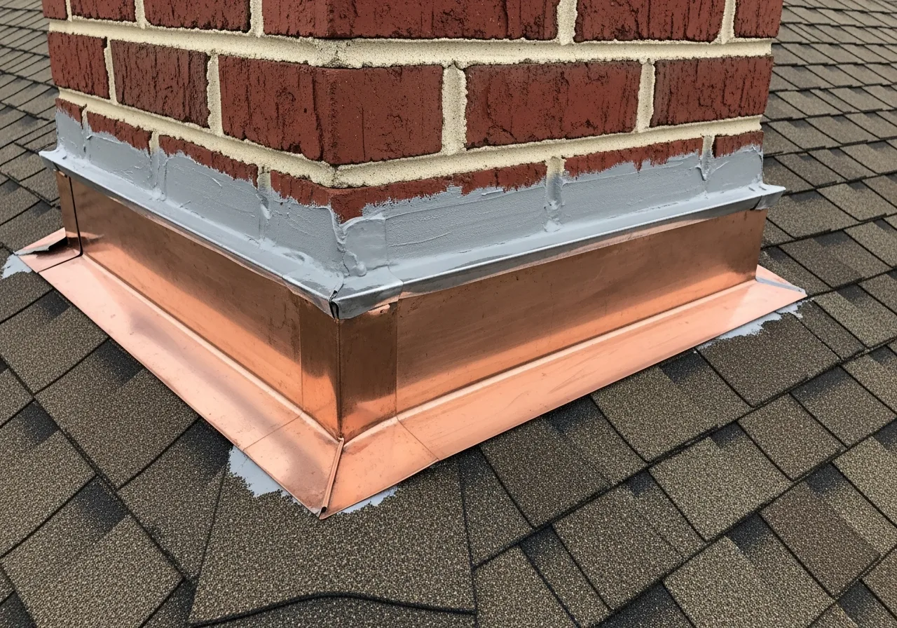 New copper step flashing and matching shingles chimney repair Manassas VA
