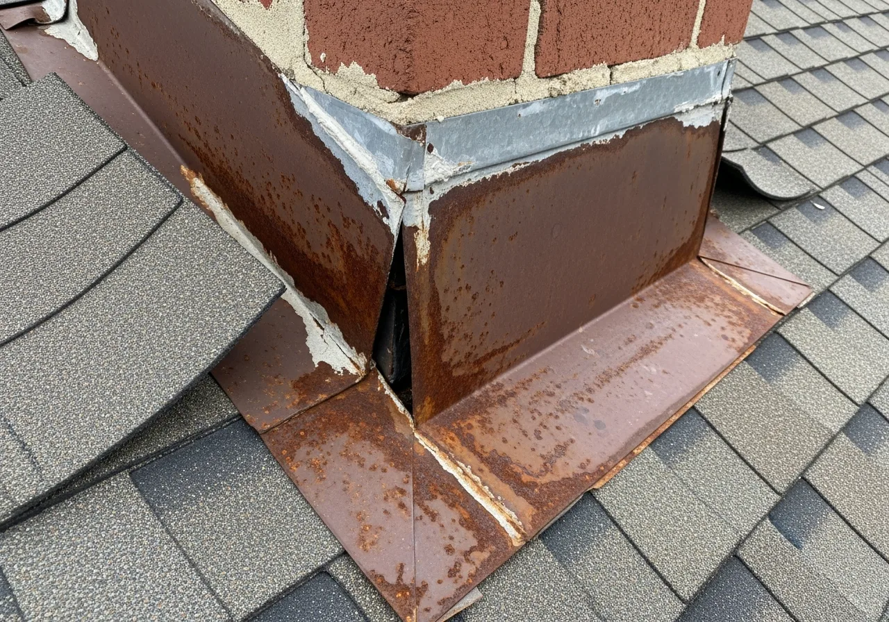 Rusted deteriorated chimney step flashing roof leak Manassas VA before repair